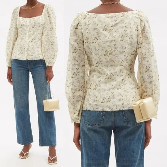 $890 Brock Collection Thelma Linen Cotton Floral Cottage Core Puff Sleeve Blouse - Picture 5 of 17